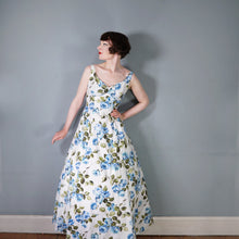 Load image into Gallery viewer, 50s 60s PAINTERY BLUE ROSE PRINT EMPIRE MAXI DRES WITH DRAPED BACK - S
