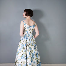 Load image into Gallery viewer, 50s 60s PAINTERY BLUE ROSE PRINT EMPIRE MAXI DRES WITH DRAPED BACK - S
