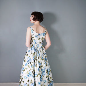 50s 60s PAINTERY BLUE ROSE PRINT EMPIRE MAXI DRES WITH DRAPED BACK - S