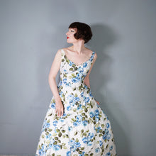 Load image into Gallery viewer, 50s 60s PAINTERY BLUE ROSE PRINT EMPIRE MAXI DRES WITH DRAPED BACK - S