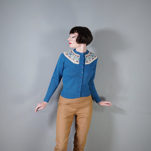 70s HANDKNITTED BLUE WOOL FAIRISLE CARDIGAN - S-M