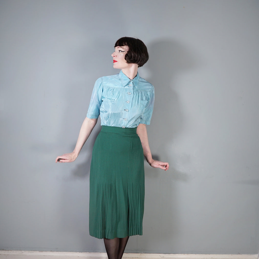 40s MINT BLUE SILKY PUFF SLEEVE SHIRT / BLOUSE - M-L