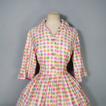 Load image into Gallery viewer, 50s PINK ORANGE GREEN WATERCOLOUR DOT PRINT SHIRT DRESS - S-M