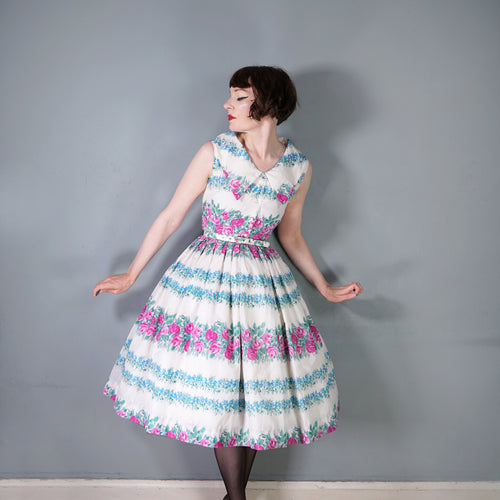 50s 60s PINK ROSE AND BLUE FLORAL NYLON FULL SKIRTED DRESS - XS