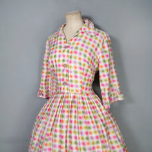 Load image into Gallery viewer, 50s PINK ORANGE GREEN WATERCOLOUR DOT PRINT SHIRT DRESS - S-M