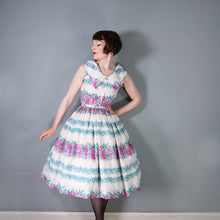 Load image into Gallery viewer, 50s 60s PINK ROSE AND BLUE FLORAL NYLON FULL SKIRTED DRESS - XS