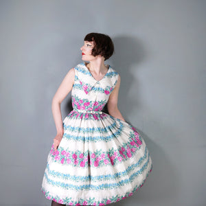 50s 60s PINK ROSE AND BLUE FLORAL NYLON FULL SKIRTED DRESS - XS