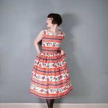 Load image into Gallery viewer, 50s RICHARD SHOPS RED AND BLACK GEOMETRIC AND FLORAL COTTON DRESS WITH POCKETS - S-M