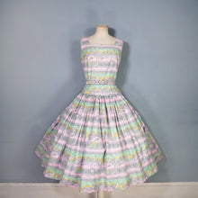 Load image into Gallery viewer, 50s PINK AND GREEN NOVELTY VICTORIAN STREET SCENES FULL SKIRTED DRESS - S