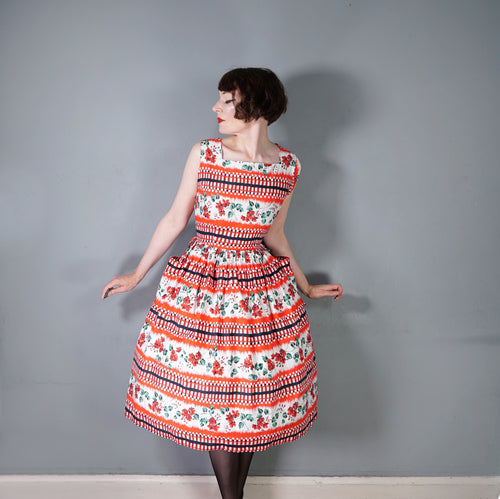 50s RICHARD SHOPS RED AND BLACK GEOMETRIC AND FLORAL COTTON DRESS WITH POCKETS - S-M