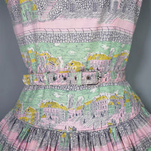 Load image into Gallery viewer, 50s PINK AND GREEN NOVELTY VICTORIAN STREET SCENES FULL SKIRTED DRESS - S