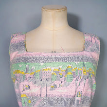 Load image into Gallery viewer, 50s PINK AND GREEN NOVELTY VICTORIAN STREET SCENES FULL SKIRTED DRESS - S