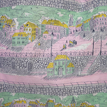 Load image into Gallery viewer, 50s PINK AND GREEN NOVELTY VICTORIAN STREET SCENES FULL SKIRTED DRESS - S