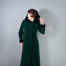 Load image into Gallery viewer, 60s 70s HANDMADE SILKY GREEN VELVET MAXI COAT WITH HOOD AND FAUX FUR - S