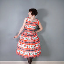 Load image into Gallery viewer, 50s RICHARD SHOPS RED AND BLACK GEOMETRIC AND FLORAL COTTON DRESS WITH POCKETS - S-M