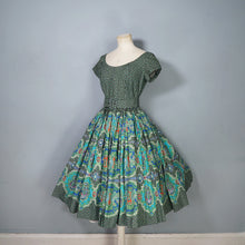 Load image into Gallery viewer, 50s VICTOR JOSSELYN BOLD GREEN PAISLEY PRINT FULL SKIRTED DRESS - S