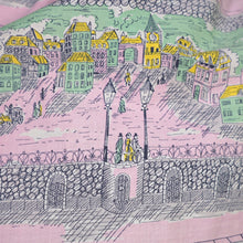 Load image into Gallery viewer, 50s PINK AND GREEN NOVELTY VICTORIAN STREET SCENES FULL SKIRTED DRESS - S