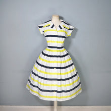 Load image into Gallery viewer, 50s CHARTREUSE AND BLACK STRIPE ST MICHAEL COTTON DAY DRESS - S
