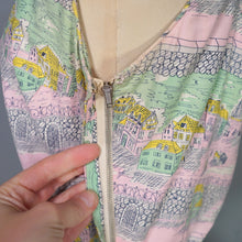 Load image into Gallery viewer, 50s PINK AND GREEN NOVELTY VICTORIAN STREET SCENES FULL SKIRTED DRESS - S