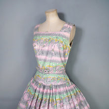 Load image into Gallery viewer, 50s PINK AND GREEN NOVELTY VICTORIAN STREET SCENES FULL SKIRTED DRESS - S