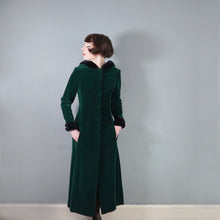 Load image into Gallery viewer, 60s 70s HANDMADE SILKY GREEN VELVET MAXI COAT WITH HOOD AND FAUX FUR - S