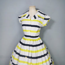 Load image into Gallery viewer, 50s CHARTREUSE AND BLACK STRIPE ST MICHAEL COTTON DAY DRESS - S