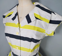 Load image into Gallery viewer, 50s CHARTREUSE AND BLACK STRIPE ST MICHAEL COTTON DAY DRESS - S