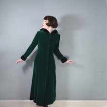 Load image into Gallery viewer, 60s 70s HANDMADE SILKY GREEN VELVET MAXI COAT WITH HOOD AND FAUX FUR - S