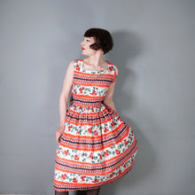 Load image into Gallery viewer, 50s RICHARD SHOPS RED AND BLACK GEOMETRIC AND FLORAL COTTON DRESS WITH POCKETS - S-M