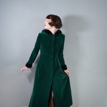 Load image into Gallery viewer, 60s 70s HANDMADE SILKY GREEN VELVET MAXI COAT WITH HOOD AND FAUX FUR - S