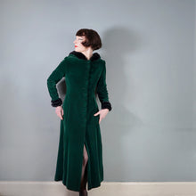 Load image into Gallery viewer, 60s 70s HANDMADE SILKY GREEN VELVET MAXI COAT WITH HOOD AND FAUX FUR - S