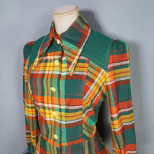 Load image into Gallery viewer, 70s LUIS CARING YELLOW ORANGE AND GREEN AUTUMN PLAID DRESS - XS-S