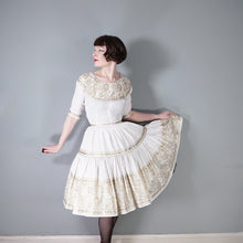 Load image into Gallery viewer, 50s WHITE AND METALLIC GOLD / SILVER LACE PATIO SKIRT AND BLOUSE DRESS SET - XS-S