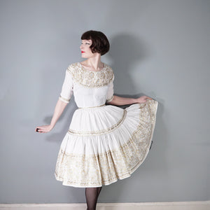 50s WHITE AND METALLIC GOLD / SILVER LACE PATIO SKIRT AND BLOUSE DRESS SET - XS-S