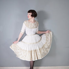 Load image into Gallery viewer, 50s WHITE AND METALLIC GOLD / SILVER LACE PATIO SKIRT AND BLOUSE DRESS SET - XS-S