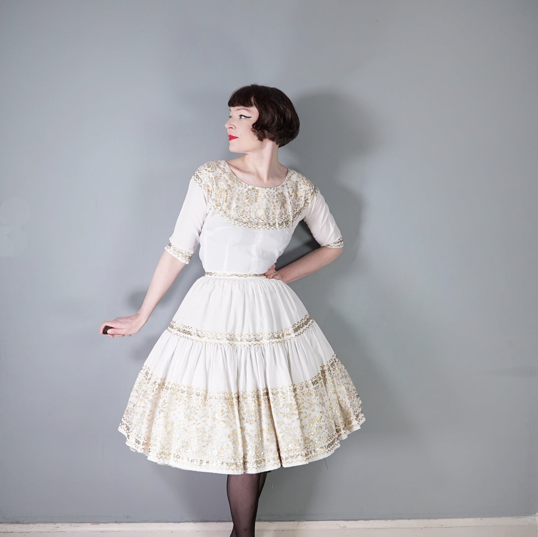 50s WHITE AND METALLIC GOLD / SILVER LACE PATIO SKIRT AND BLOUSE DRESS SET - XS-S