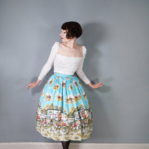 HANDMADE VINTAGE BRITISH VILLAGE RIDERS HUNT PRINT FULL SKIRT - 24-25"