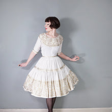 Load image into Gallery viewer, 50s WHITE AND METALLIC GOLD / SILVER LACE PATIO SKIRT AND BLOUSE DRESS SET - XS-S
