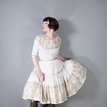 Load image into Gallery viewer, 50s WHITE AND METALLIC GOLD / SILVER LACE PATIO SKIRT AND BLOUSE DRESS SET - XS-S
