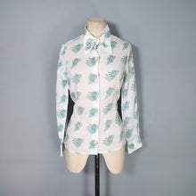 Load image into Gallery viewer, 70s GREEN AND WHITE SEMI SHEER ART DECO LADY FACE PRINT NOVELTY SHIRT - S