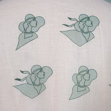 Load image into Gallery viewer, 70s GREEN AND WHITE SEMI SHEER ART DECO LADY FACE PRINT NOVELTY SHIRT - S