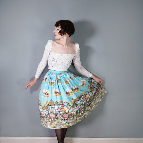 HANDMADE VINTAGE BRITISH VILLAGE RIDERS HUNT PRINT FULL SKIRT - 24-25