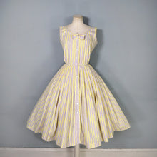 Load image into Gallery viewer, 50s HANDMADE FLORAL YELLOW STRIPE AND FLORAL BUTTON THROUGH DRESS - S