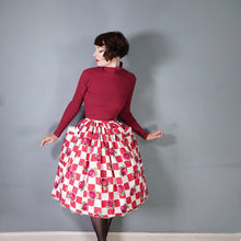 Load image into Gallery viewer, 60s RED ROSE FLORAL AND CHECK PRINT FULL SWING SKIRT WITH POCKETS - 26&quot;