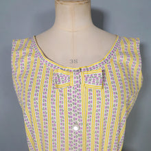 Load image into Gallery viewer, 50s HANDMADE FLORAL YELLOW STRIPE AND FLORAL BUTTON THROUGH DRESS - S