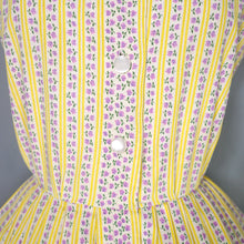 Load image into Gallery viewer, 50s HANDMADE FLORAL YELLOW STRIPE AND FLORAL BUTTON THROUGH DRESS - S
