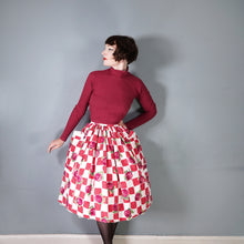 Load image into Gallery viewer, 60s RED ROSE FLORAL AND CHECK PRINT FULL SWING SKIRT WITH POCKETS - 26&quot;