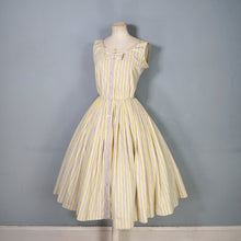 Load image into Gallery viewer, 50s HANDMADE FLORAL YELLOW STRIPE AND FLORAL BUTTON THROUGH DRESS - S