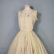 Load image into Gallery viewer, 50s HANDMADE FLORAL YELLOW STRIPE AND FLORAL BUTTON THROUGH DRESS - S