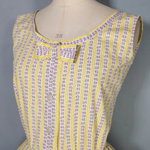 Load image into Gallery viewer, 50s HANDMADE FLORAL YELLOW STRIPE AND FLORAL BUTTON THROUGH DRESS - S